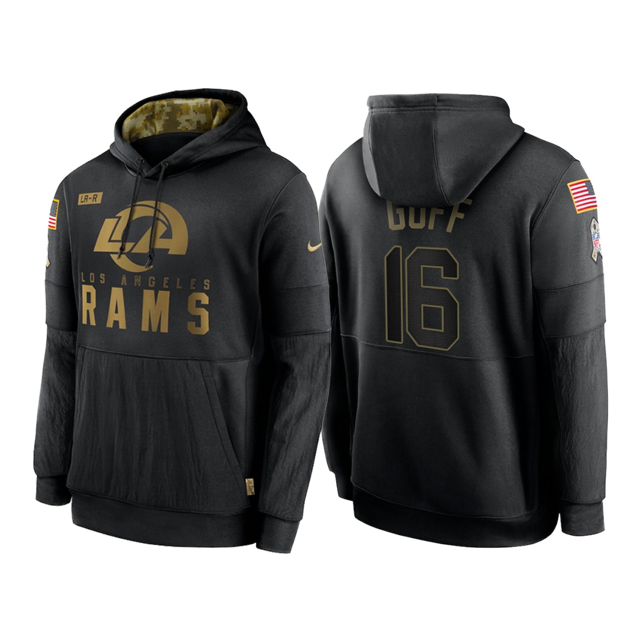 Men's Los Angeles Rams #16 Jared Goff 2020 Black Salute to Service Sideline Performance Pullover Hoodie Men's Los Angeles Rams #16 Jared Goff 2020 Black Salute to Service Sideline Performance Pullover Hoodie